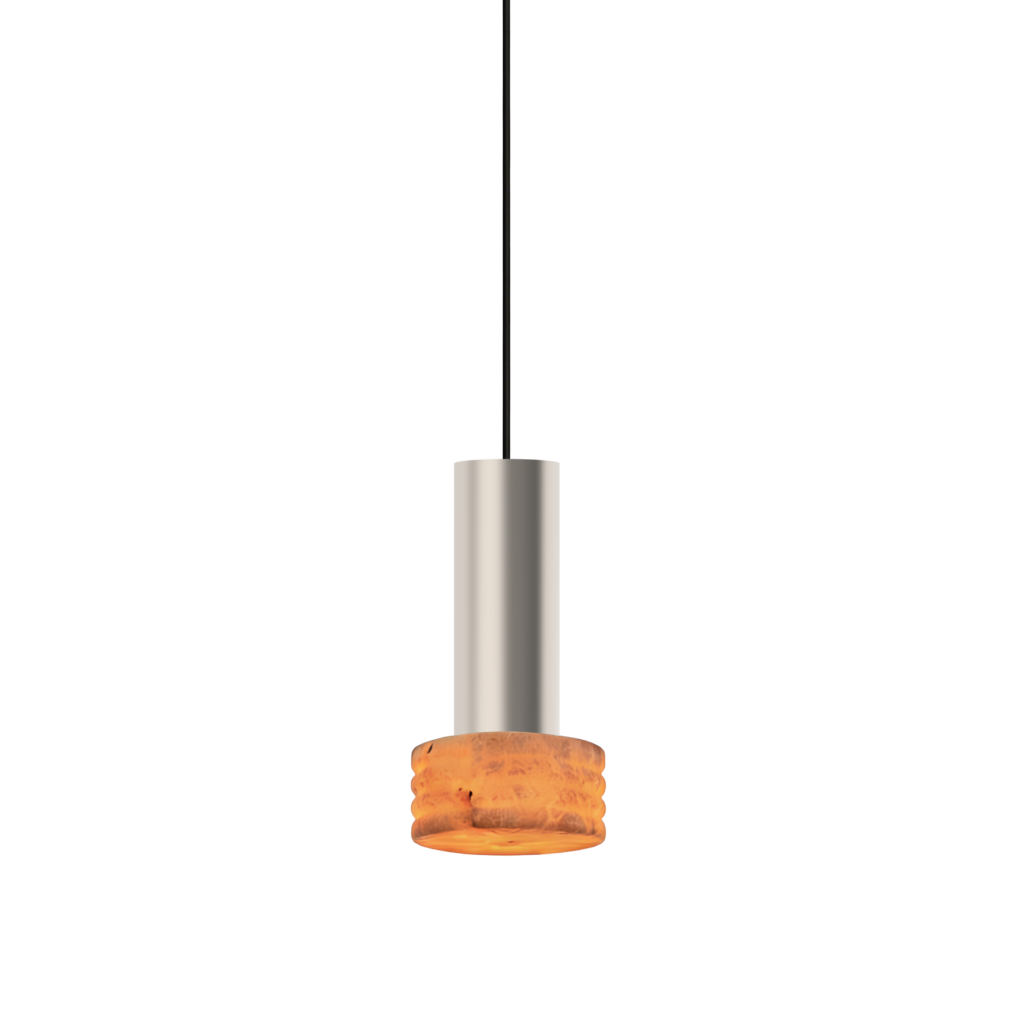 Sausage on a vertical skewer extending from a beige base against a black background