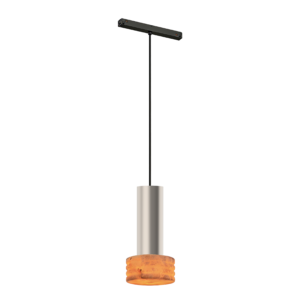 Tall black pendant lighting: a horizontal bar at the top supported by a long vertical stem, ending in an orange donut-shaped shade at the bottom.