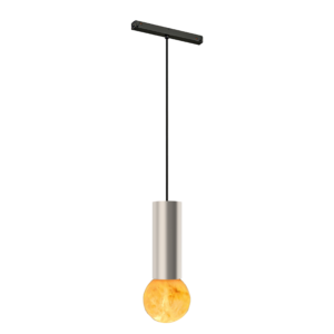 Black ceiling-mounted track light with a long vertical cord ending in an orange fruit‑shaped pendant bulb.
