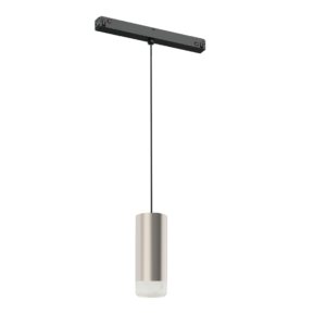 Modern pendant light with a long vertical stem supporting a horizontal rectangular black bar against a dark background.