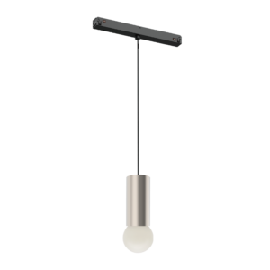 Industrial pendant light with a long black ceiling bar, suspended by a cord, and a single exposed white bulb at the bottom.