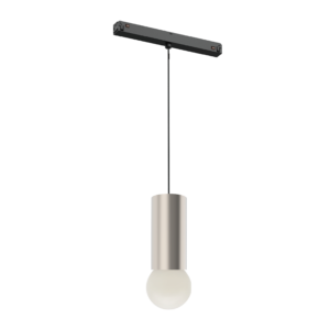 Minimalist pendant light with a long black bar ceiling mount and a white cylindrical shade hanging from a cord.