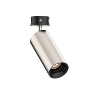 Close-up of a black cylindrical ceiling light fixture hanging from a metal rod on a black background