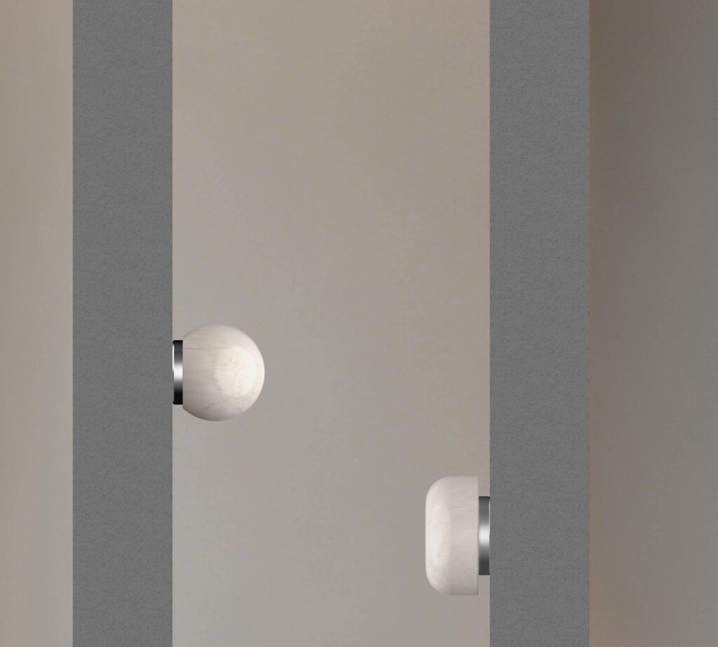 Abstract beige and gray striped background with a white spherical object partially visible near the lower left, and a chrome band crossing it.