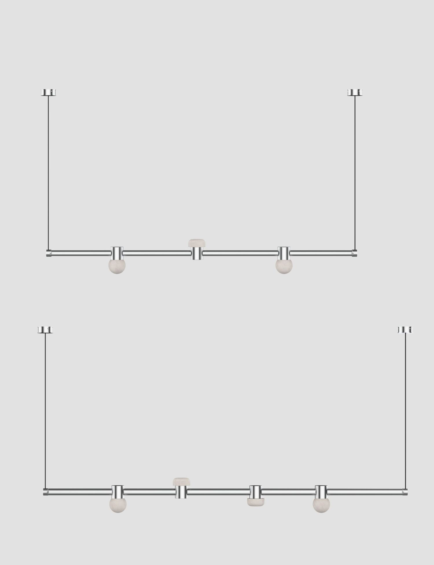 Long horizontal metal track light with multiple round bulb hangers and vertical support rods at ends against a light gray background
