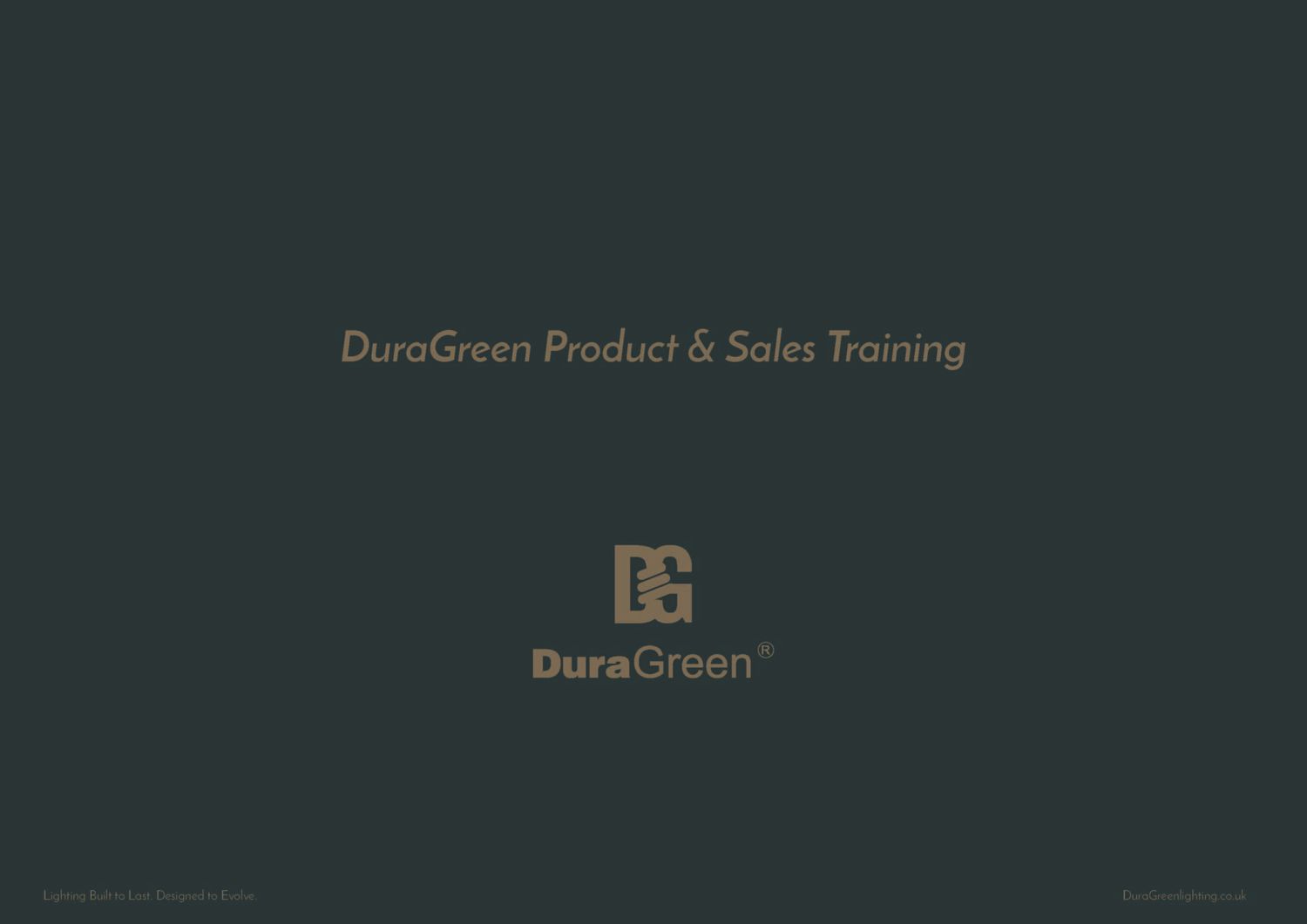 Dark green background with beige text reading 'DuraGreen Product & Sales Training' and a small logo beneath.