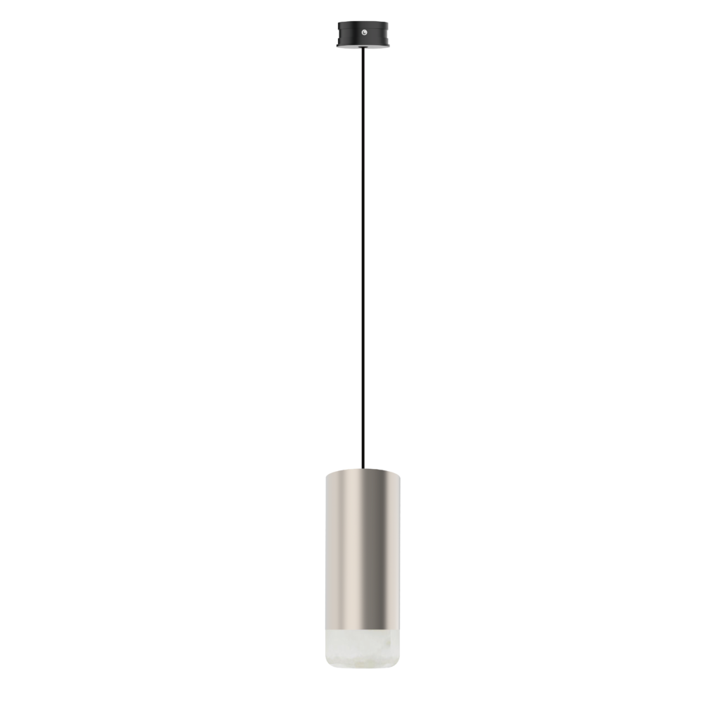 Pendant light hanging from the ceiling with a black canopy, long cord, and a cylindrical metal shade.