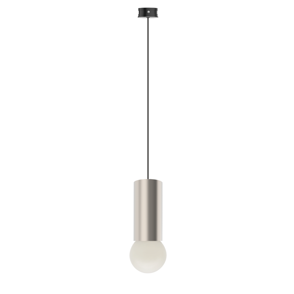 Modern pendant light hanging from ceiling with a black cylindrical shade, long cord, and white bulb at the bottom against a black background.