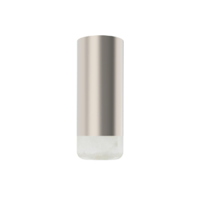 Shiny stainless steel cylinder standing upright against a black background with a rounded bottom edge.