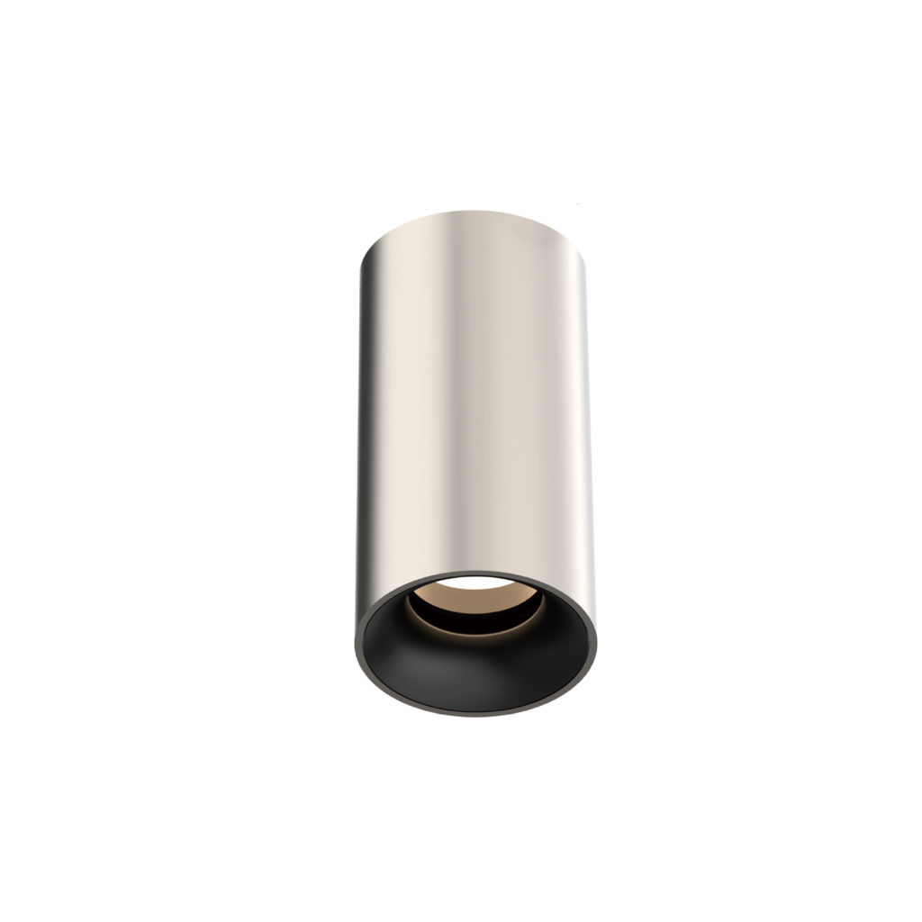 Metallic cylindrical pipe viewed from below, open circular end, shiny chrome finish against a black background