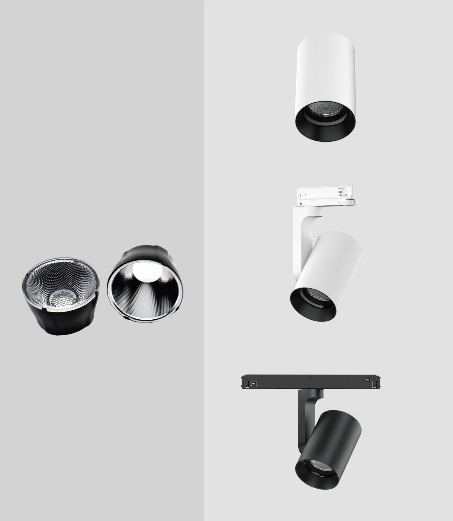 Collage of modern lighting fixtures on a gray background: a white cylindrical ceiling spotlight, a sleek track-light head, and two metallic reflector lights nearby.
