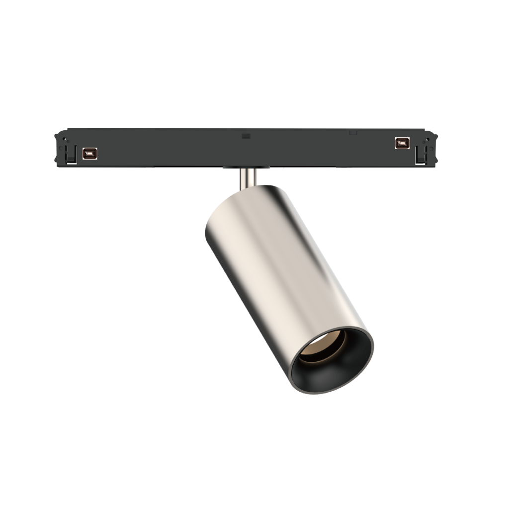 Ceiling-mounted dark track lighting bar with two small copper-tinished light fixtures at each end and a supporting curved rod beneath.