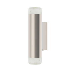Close-up of a tall, polished stainless steel cylinder with a rounded white cap against a black background.