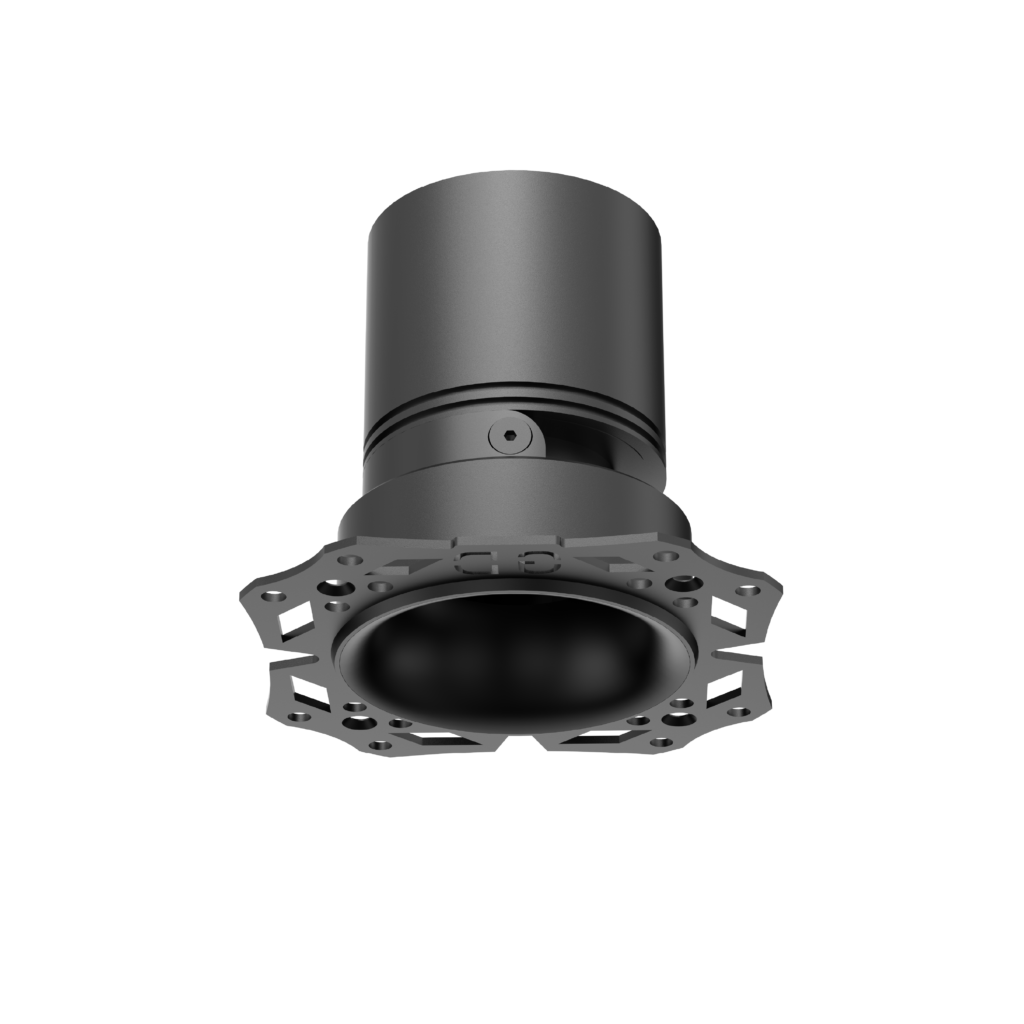 Close-up of a metallic cylindrical component with a bolt-down flange and circular openings, likely a machining or connector part.