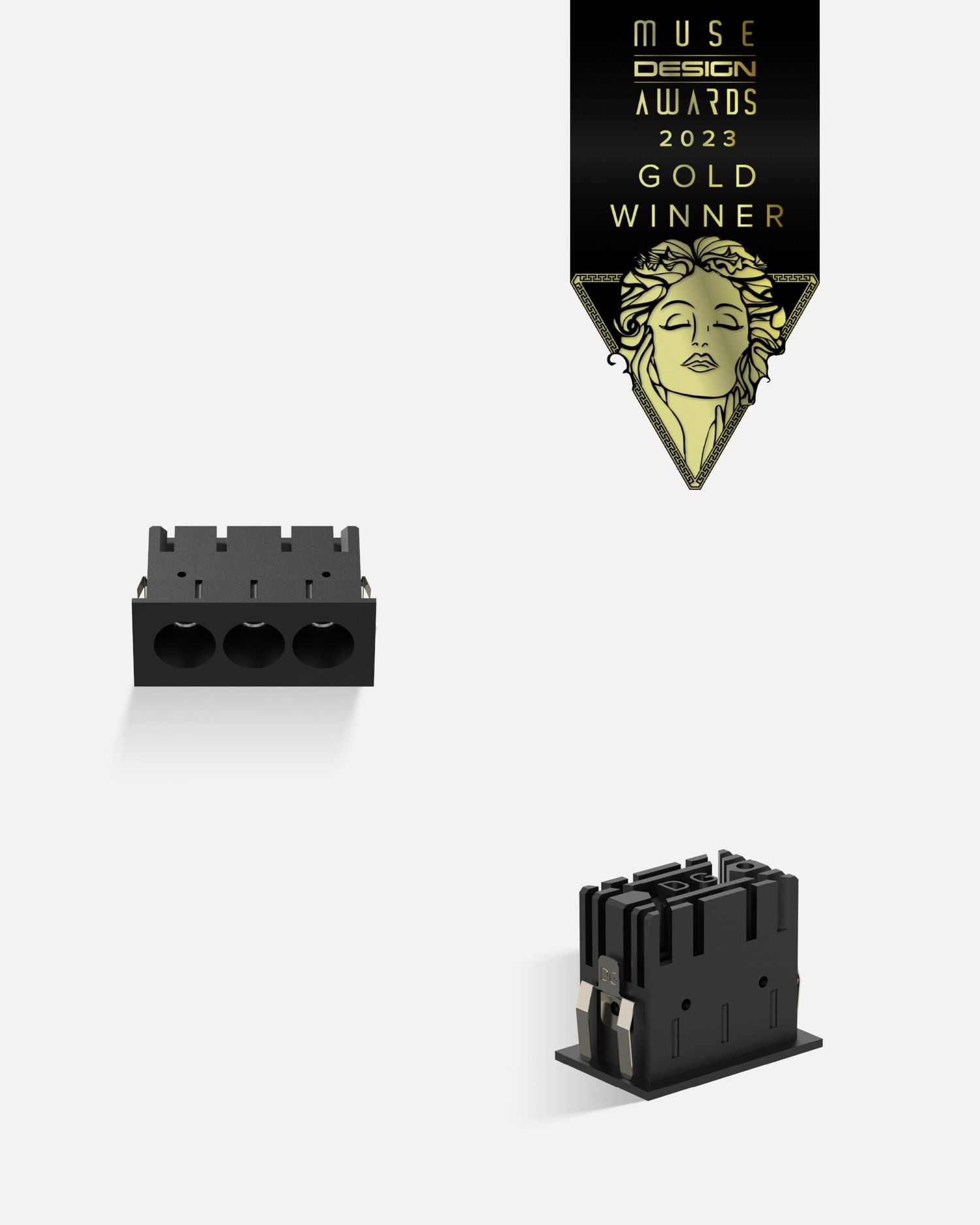3D render of black electronic modules floating on a pale background with a gold 'Muse Design Awards 2023 Gold Winner' banner above the parts.