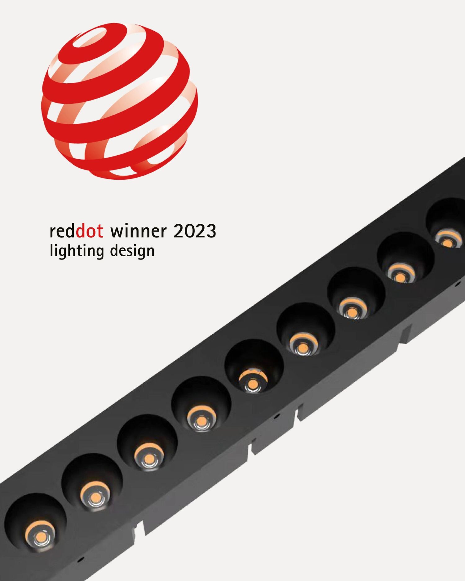 Red dot winner 2023 lighting design banner with a red and white spherical logo and a diagonal row of black light fixtures.
