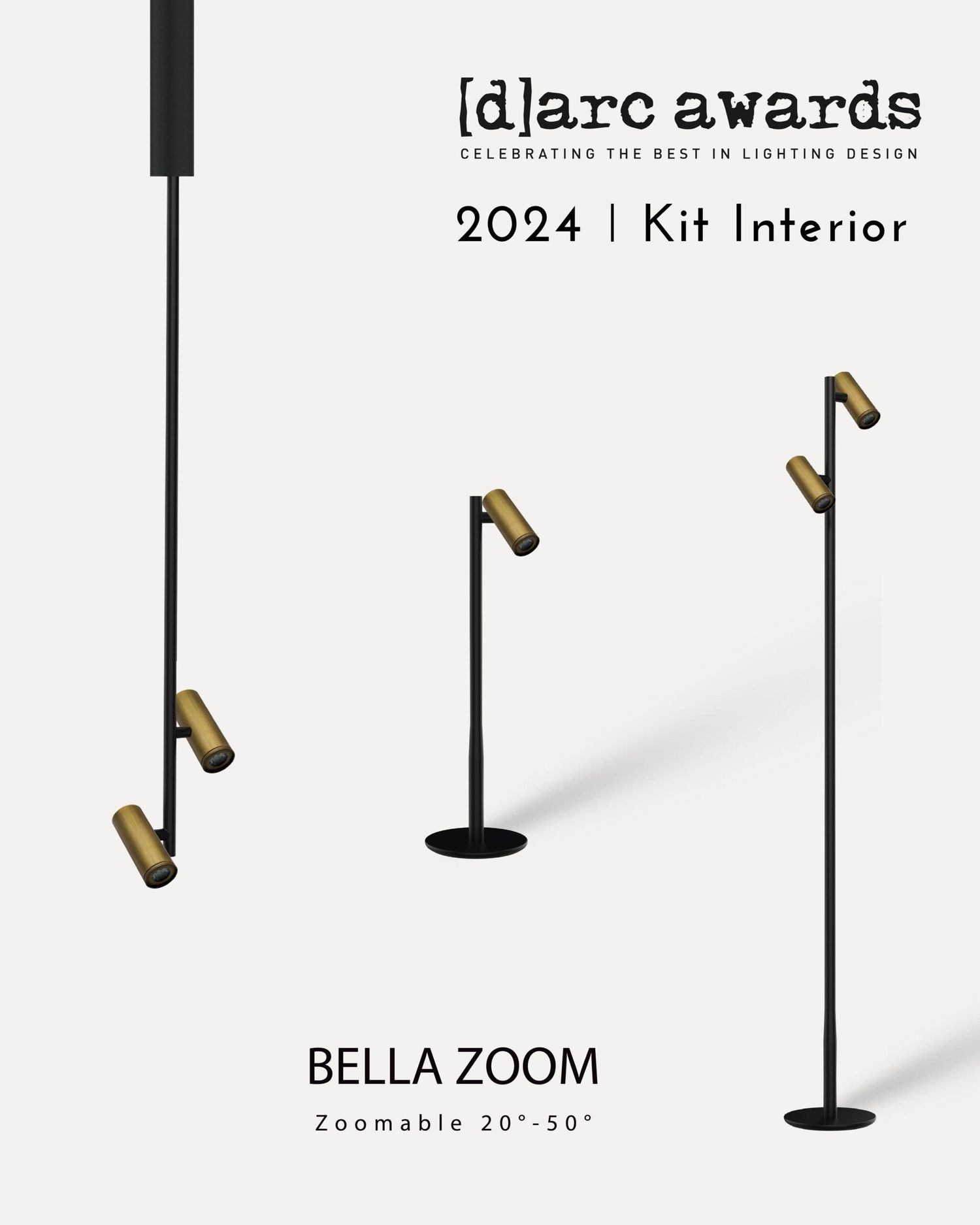 Advertising banner featuring multiple black floor lamps with gold adjustable heads on a pale background, promoting Bella Zoom lighting fixture.