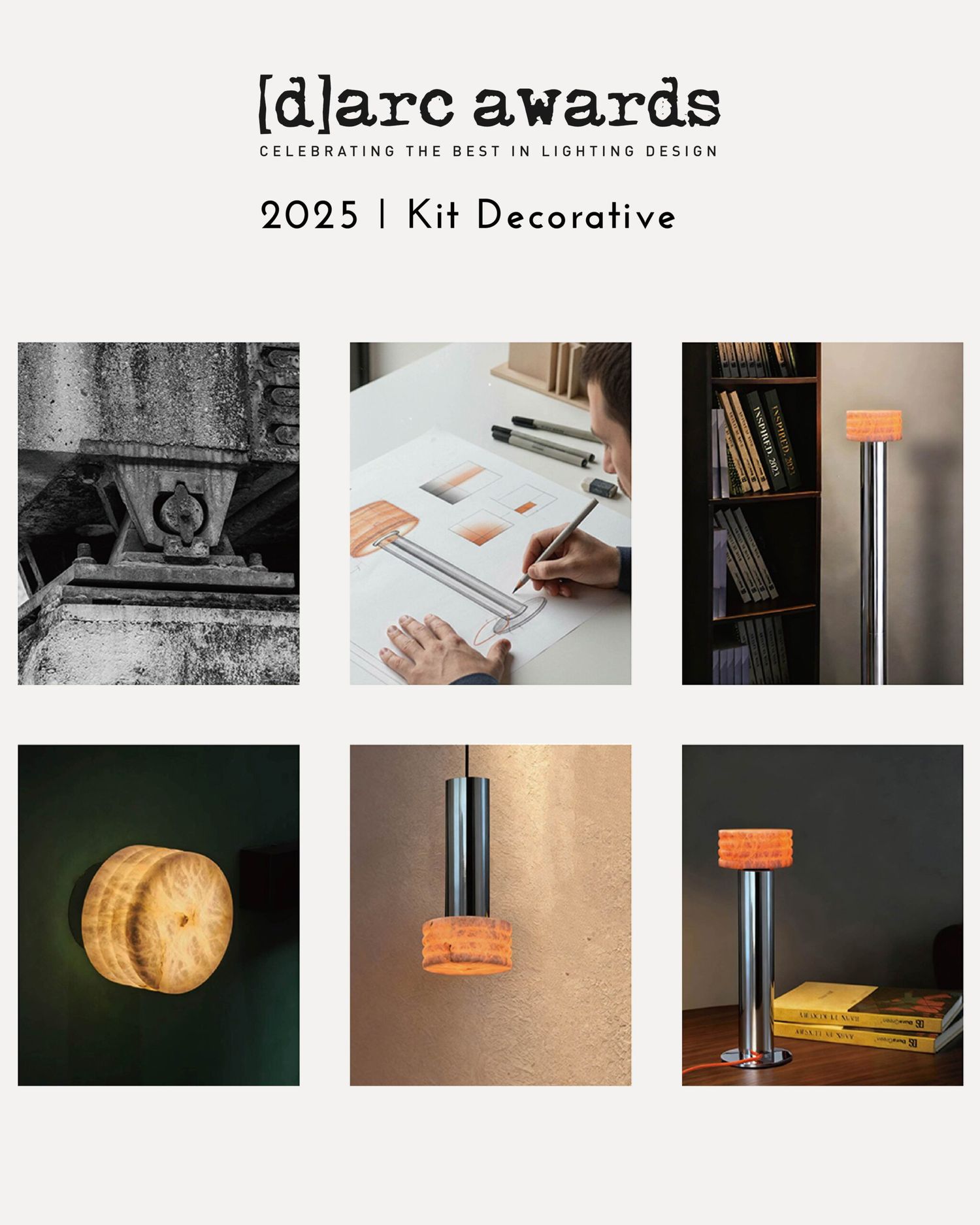 Three thumbnail images: left industrial machinery in grayscale, center designer sketching on paper, right chrome lamp beside a bookshelf with books.