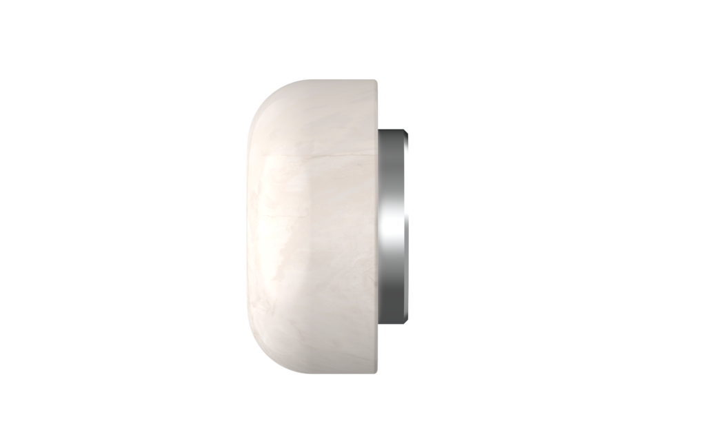 Close-up side view of a rounded marble wall lamp with a silver metal mounting ring.