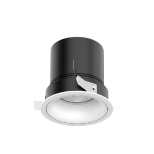 MFL110-01 | DuraGreen 3D rendering of a black cylindrical spotlight with a round diffuser at the bottom, viewed from below against a black background.
