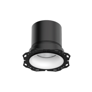 MFL110-02 | DuraGreen Close-up of a black cylindrical LED spotlight/flashlight with a round lens and textured ring near the base.