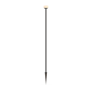 Tall garden stake light with a beige rounded lamp head and dark metal pole against a black background, upright in the center.