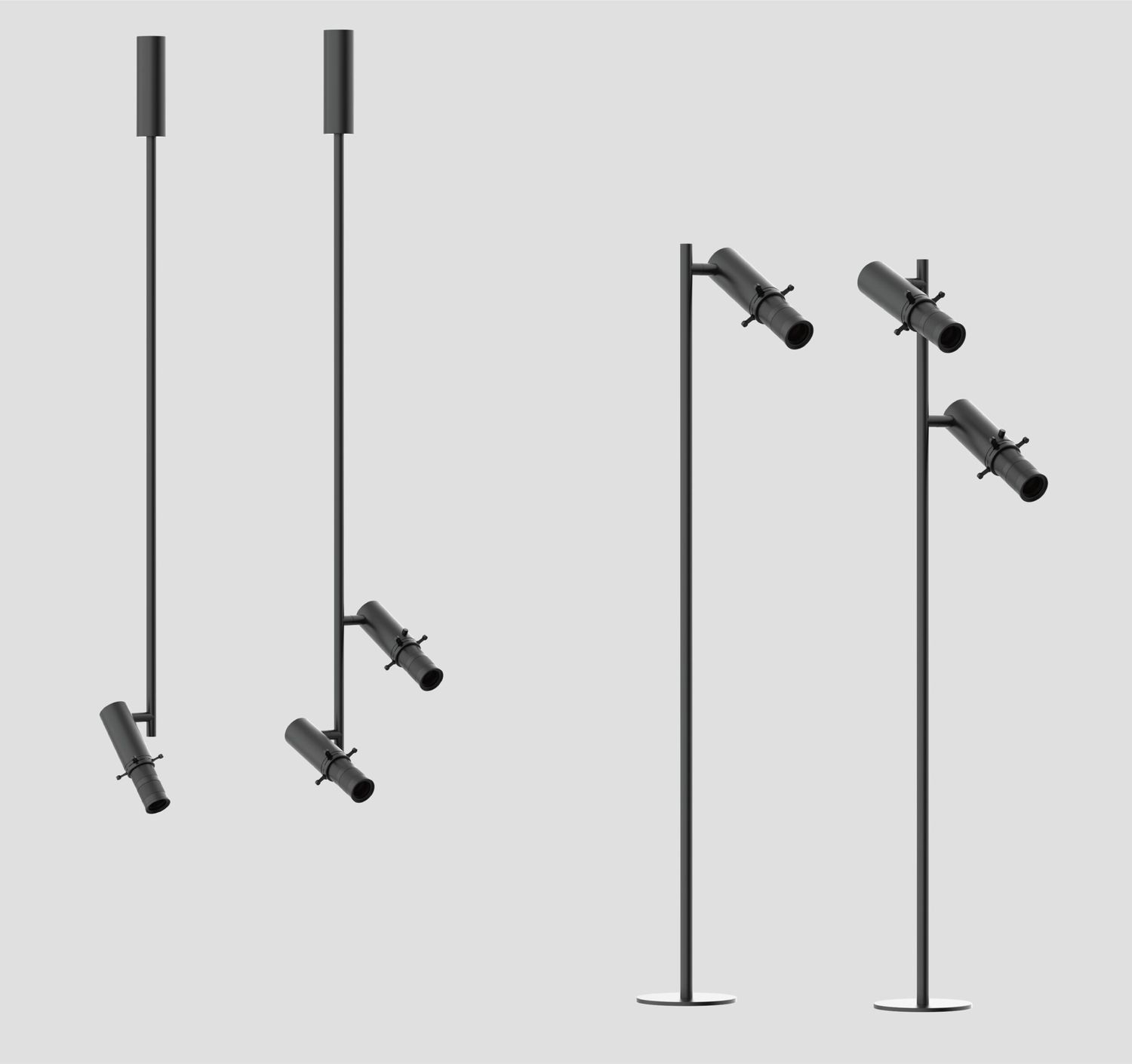 Row of tall outdoor light poles with adjustable floodlight heads against a gray sky, outdoor illumination fixtures.