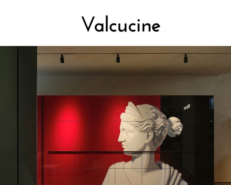 Brand name 'Valcine' in black letters on white above a red wall mural showing a grayscale classical bust.