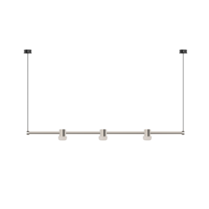 Two vertical light poles rise from a silver ceiling-mounted track with three small rectangular fixtures, set against a black background.
