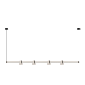 A metallic ceiling track lighting system along the bottom edge with four downward-facing light fixtures against a black background, viewed from below.