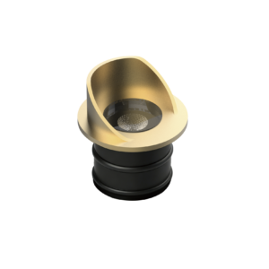 Gold metallic horn with a wide, curved bell resting on a black stand against a black background
