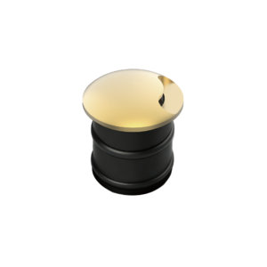Top view of a pale gold dome with a small notch, sitting on a black cylindrical base against a black background.