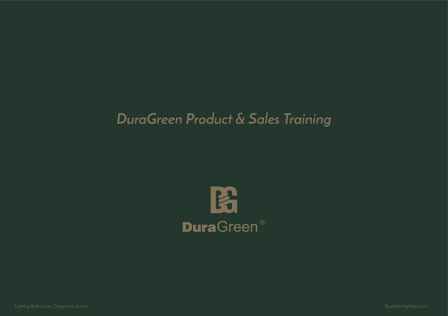 Dark green slide with the text 'DuraGreen Product & Sales Training' and a centered DuraGreen logo.