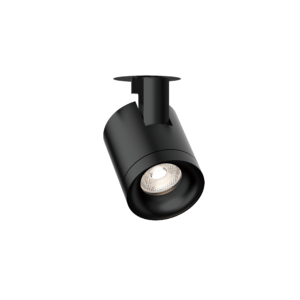 Close-up of a black cylindrical stage light with a circular top plate against a black background, viewed from below.