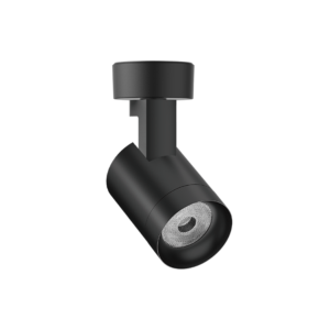 Close-up of a black adjustable track lighting spotlight against a dark background, showing its cylindrical head and joint details.”,