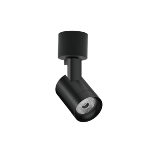 Black cylindrical track light head with an adjustable arm mounted against a dark background