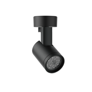 68 zoom-02 | DuraGreen Close-up of a matte black track lighting spotlight mounted on a curved arm against a black background.