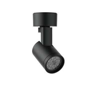 Close-up of a black adjustable track light with a cylindrical head on a dark background, showing a modern lighting fixture.