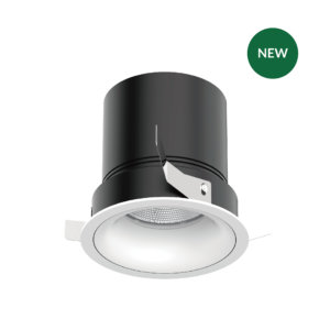 MFL110 | DuraGreen Cylindrical black spotlight with a white bottom ring, shown against a black background, and a green NEW badge in the upper right.