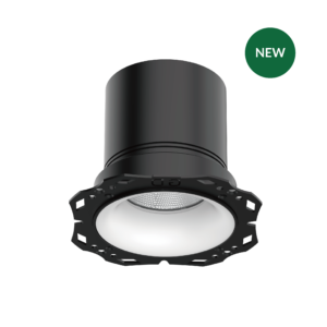 MFL110-TL | DuraGreen Close-up of a black cylindrical stage light with a metal mounting frame and a green NEW badge on the side.