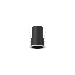 MFL36 | DuraGreen Close-up of a black cylindrical ceiling spotlight with metal mounting brackets against a dark background.