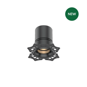 MFL57-TL | DuraGreen 3D render of a gray cylindrical mechanical part with a perforated flange, seen from the front on a black background, with a green NEW badge nearby