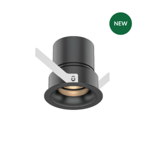 MFL78 | DuraGreen Close-up of a black cylindrical ceiling spotlight with white mounting arms and a green circular NEW badge in the corner.
