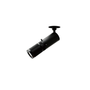 Close-up of a black ceiling-mounted spotlight with an adjustable cylindrical body against a dark background.