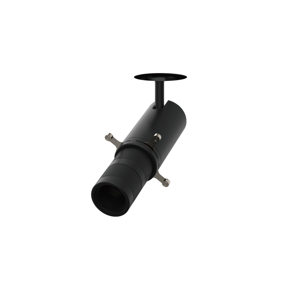Close-up of a black telescope eyepiece and mounting bracket against a black background, focusing on the gear near the eyepiece