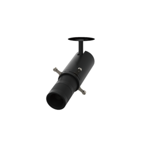 Close-up of a black telescope eyepiece and mounting bracket against a black background, focusing on the gear near the eyepiece
