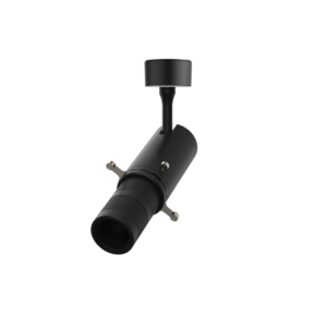 Close-up of a black cylindrical camera lens on a mounting arm with screws and knurled grip.