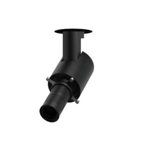 Close-up of a matte black cylindrical optical device with a round lens at the bottom and a mounting flange in the middle, set against a black background