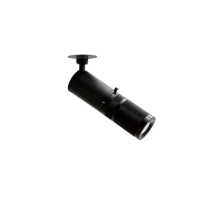 Close-up of a black stage spotlight with a circular reflector on top, set against a black background.
