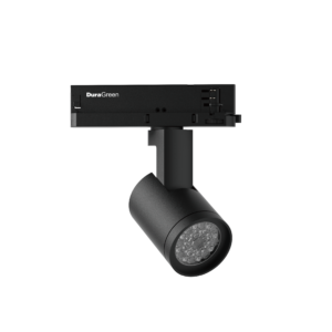 Close-up of a black DuraGreen lighting head mounted on a stand with an LED ring at the bottom.